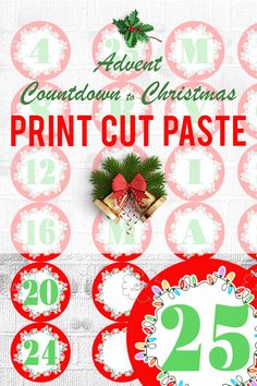 christmas printables with numbers and decorations on the front, two are red and one is green