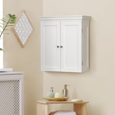 a white cabinet above a sink in a bathroom