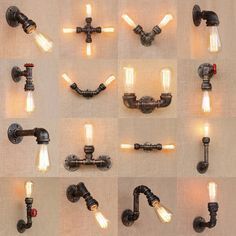 several different types of pipes and valves with lights attached to the ends that are connected together