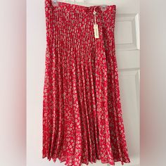 Beautiful Red Floral Pleated Midi Skirt. Never Worn. Elastic Waist Red Midi Pleated Skirt For Summer, Red Pleated Bottoms, Red Pleated Skirt For Spring, Red Long Pleated Skirt For Spring, Red Pleated Midi Skirt For Spring, Casual Red Pleated Skirt For Summer, Floral Midi Skirt, Pleated Midi Skirt, Max Studio