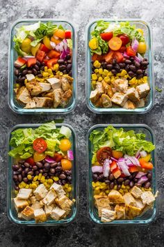 four glass containers filled with different types of salads