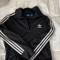 Only Worn A Few Times Literally Looks Brand New Black Outerwear With Three Stripes For Fall, Casual Black And White Long Sleeve Outerwear, Trendy Black Adidas Outerwear, Spring Adidas Black Track Jacket, Adidas Black Track Jacket For Spring, White Outerwear With Three Stripes For Fall, White Fall Outerwear With Three Stripes, Adidas Jackets, Adidas Black