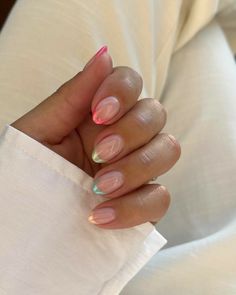 Rainbow Chrome Nails French Tip, Summer Nails Ideas Square, Summer Europe Nails, Multicolor French Tip, European Summer Nails, Two Color French Tip Nails, Europe Summer Nails, Summery Nails