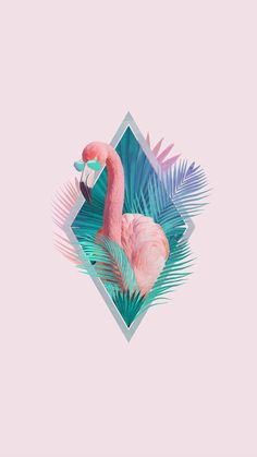 a pink flamingo standing on top of a lush green palm leaf covered field in front of a light pink background