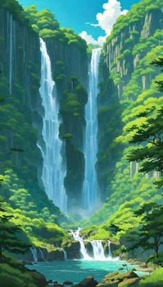 a painting of a waterfall in the middle of a forest