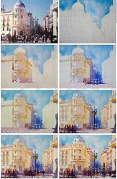 multiple pictures of buildings and people in the city with blue sky above them, all showing different angles