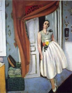 a painting of a woman in a white dress walking into a room with an open door