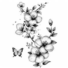 a black and white drawing of flowers with a butterfly flying by it's side