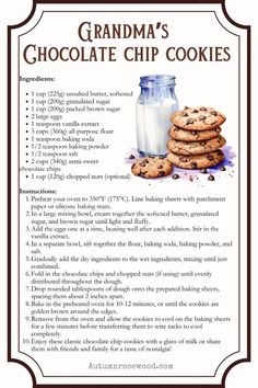 the recipe for grandma's chocolate chip cookies is shown in front of a glass jar