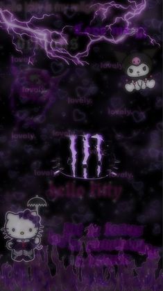 an image of hello kitty wallpapers in purple and black with the word hello kitty on it