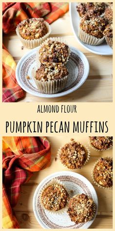 two pictures of pumpkin pecan muffins on plates with the title above them