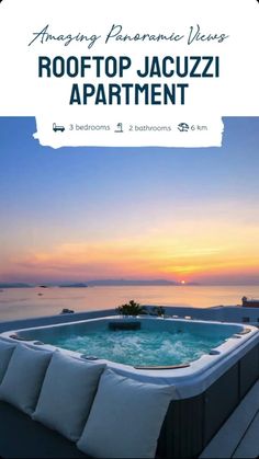 an outdoor jacuzzi with the sun setting behind it and text reading amazing performance ideas rooftop jacuzzi apartment