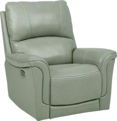 a light green leather recliner chair with buttons on the armrests and arms