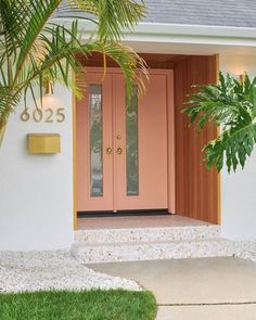 a pink front door with two sidelights and palm trees