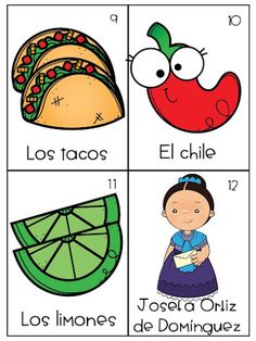 four different pictures with the words in spanish, and an image of a taco