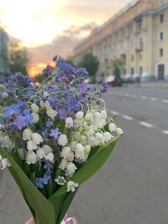 a hand holding a bouquet of flowers in front of a street with buildings on the other side