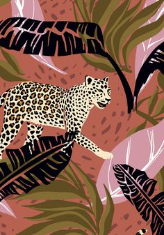 a leopard is walking through the jungle on a pink and green background with palm leaves