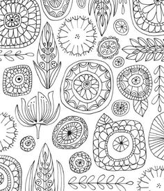 a coloring page with many different flowers and leaves