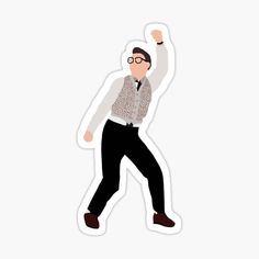 a man with glasses and a vest sticker on the back of his shirt is dancing