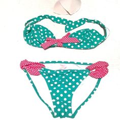 Teal With White Dots And Hot Pink Sides And Bow Come With Optional Cups Does Not Come With Removable Halter Strap No Stains, Never Worn C30 Cute Fitted Party Swimwear, Cute Green Fitted Swimwear, Cute Fitted Green Swimwear, Cheap Retro Pink Swimwear, Pink Y2k Swimsuit, Cute Pink Swimwear With Character Print, Beachy Pink Swimwear Bra-friendly, Cute Gyaru Bikinis, Spoiled Brat