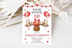 a birthday party card with an image of a moose wearing a red hat and balloons