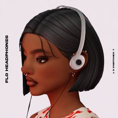 an animated woman with headphones on her ears and hair is looking to the side