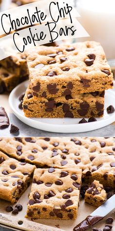 chocolate chip cookie bars are stacked on top of each other and ready to be eaten