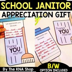 the back to school janitor appreciation gift is shown with two handwritten thank you notes