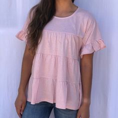 Adorable Pink Babydoll Ruffle/Tiered Top. Brand New. Comfortable. Pink Ruffled T-shirt For Spring, Short Sleeve Ruffled Tops For Layering, Short Sleeve Tops With Ruffles For Layering, Feminine Short Sleeve Tops For Layering, Pink Ruffled T-shirt, Pink Ruffled Casual T-shirt, Casual Pink Ruffled T-shirt, Feminine Pink Top For Layering, Feminine Pink Tops For Layering