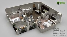 the floor plan for a two bedroom apartment with an attached kitchen and living room area