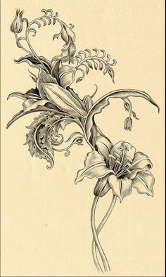 a drawing of a flower with leaves and flowers in the middle, on a beige background