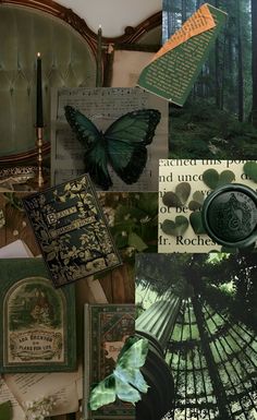 a collage of photos with green and black items in the foreground, an image of a butterfly sitting on top of a tree