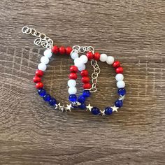 American Flag | Beaded Bracelet 2 Piece Stack | Arm Candy Size 6.5" Multicolor Round Beads Bracelet For 4th Of July, Multicolor Beaded Bracelets For 4th Of July, Patriotic Adjustable Colorful Beads Jewelry, Adjustable Patriotic Jewelry With Colorful Beads, Beaded Bracelet For 4th Of July, Adjustable Colorful Beaded Jewelry For 4th Of July, Flag Beads, Arm Candy, Beaded Bracelet