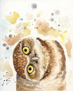 an owl with yellow eyes is shown in this watercolor painting