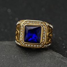 Master Mason Blue Lodge Ring - Gold Stainless Steel With Blue Gemstone - Bricks Masons Luxury Blue Signet Ring, Formal Blue Topaz Gemstone Signet Ring, Luxury Blue Men's Ring Collectible, Luxury Blue Gemstone Men's Ring, Blue Lodge Masonic Rings, Masonic Ring, Ring Finger, Blue Gemstones, Gold Rings