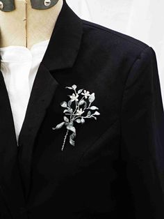 "This pin is inspired by antique Myrtle Boutonnieres. Unique accessory for the Groom, Groomsmen, Ushers, Fathers, Ring Boy and More! This style will work well with a vintage or modern wedding. Features a myrtle branch, beads, silver plated flowers, rustic twist stem and solid ribbon in an antique silver grey tone All leaves have been hand wired and each piece has been finely gilded and sealed with a glossy durable finish while still being pliable Comes with a matching pin but of course you can s Crystal Boutineer, Gold Bridal Crowns, Ring Boy, Groom Groomsmen, Boutonniere Wedding, Antique Inspiration, Wedding Suits Men, Bridal Tiara, Silver Brooch