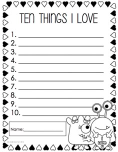 the ten things i love printable worksheet is shown in black and white