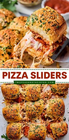 the pizza sliders are loaded with cheese, sauce and other toppings to be eaten