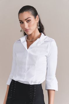 Lyla Blouse Fitted V-neck Shirt With Button Cuffs, Elegant Fitted V-neck Long Sleeve Top, Classic Fitted Office Blouse, Classic Fitted Blouse For Office, Classic Fitted Blouse For Business Casual, Classic Stretch Office Wear Blouse, Elegant Stretch Shirt For Office Wear, Fitted V-neck Shirt For Spring, Long Sleeve Stretch Blouse For Workwear