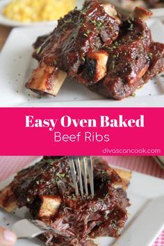 easy oven baked beef ribs on a white plate