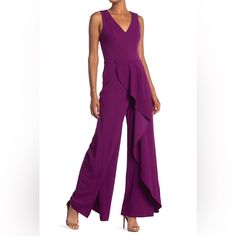 Marina Ruffled Sleeveless Magenta Jumpsuit Sz 4. Sleeveless Formal Jumpsuits And Rompers For Spring, Formal Sleeveless Jumpsuits And Rompers For Spring, Elegant Sleeveless Purple Jumpsuits And Rompers, Sleeveless Ruffled Jumpsuits For Formal Occasions, Sleeveless Ruffled Jumpsuits And Rompers For Night Out, Formal Sleeveless Ruffled Jumpsuit, Formal Sleeveless Ruffled Jumpsuits And Rompers, Fitted Sleeveless Jumpsuit With Ruffles, Chic Purple Jumpsuits And Rompers For Work