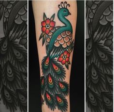 two pictures of peacocks with flowers and leaves on their legs, one is green and the other is red