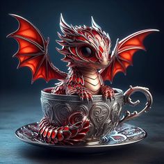 a red dragon figurine sitting in a silver cup with saucer on it