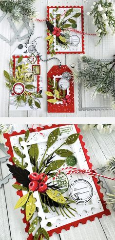 some cards with christmas decorations on them