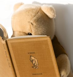 a teddy bear holding a book with winnie the pooh on it