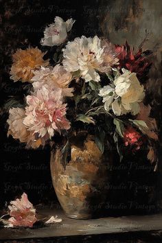 a painting of flowers in a vase on a table