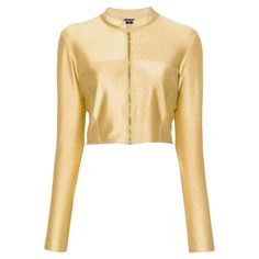 200&, Chanel gold-tone metallic unlined cropped jacket featuring a cropped length, a strech gold-tone jersey fabric, a metallic finish, a mock neck, a front zip fastening, long sleeves. Composition: Nylon 80%, Spandex/Elastane 20% Circa 2001 Estimated size 38fr/US6 /UK10 In good vintage condition. Made in France. We guarantee you will receive this gorgeous item as described and showed on photos.(please enlarge images to see all details on photos) Chest 33.8in. (86cm) Length f15.7in (40cm) Metallic Look, Cropped Jacket, Jersey Fabric, Made In France, Mock Neck, Gold Tones, Chanel, Spandex, Fashion Outfits