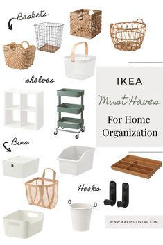 ikea must haves for home organization and storage, including baskets, bins, boxes