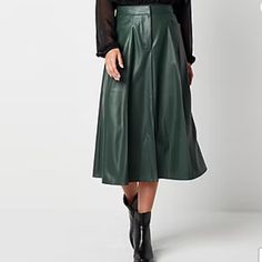 This Luxe Faux Leather Women's Midi Skirt From Worthington Is An Effortless Style To Elevate Your Wardrobe. It Has A Smooth Waistband And A Hook-And-Eye With Zip Closure. Pair It With A Long-Sleeve Sweater And Heeled Ankle Boots. Front Style: Flat Front Closure Type: Zipper Closure Location: Front Pockets: 2 Front Slip Pockets Rise: Mid Rise Apparel Length: 30.75 Inches Fiber Content: 100% Polyester Fabric Description: Faux Leather Lining: Unlined Skirt Length: Midi Length Size: 18 Brand New Wit Green Midi Skirt Bottoms For Winter, Chic Green Skirt For Winter, Chic Green Winter Skirt, Business Casual Skirt, Elastic Skirt, Full Midi Skirt, Plaid Pencil Skirt, Striped Midi Skirt, Petite Skirt