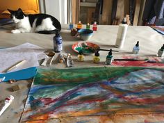 a black and white cat laying on top of a table covered in art supplies next to a painting